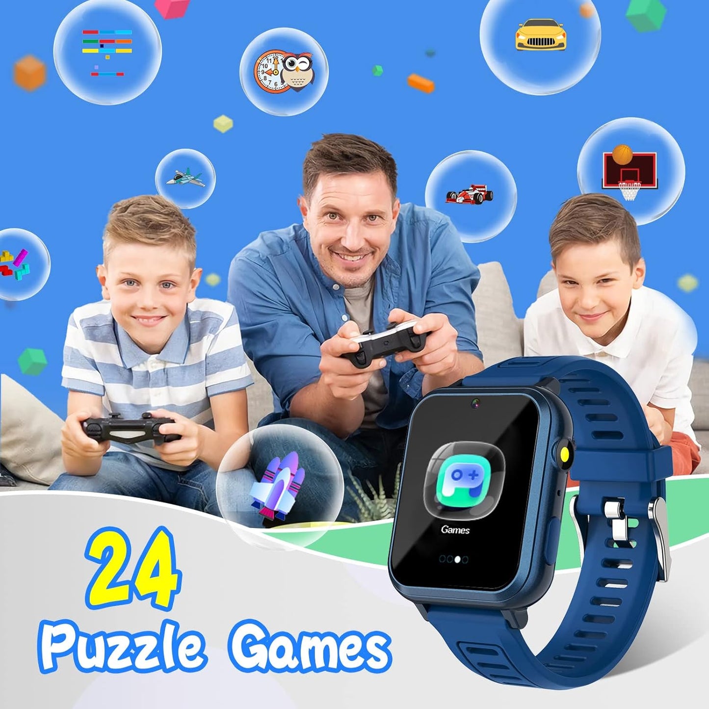 Smart Watch for Kids with 24 Puzzle Games HD Touch Screen Camera Video Music Player Pedometer Alarm Clock Flashlight 12/24 hr Watches Gift 4-12 Year Old Boys Girls Toys Blue