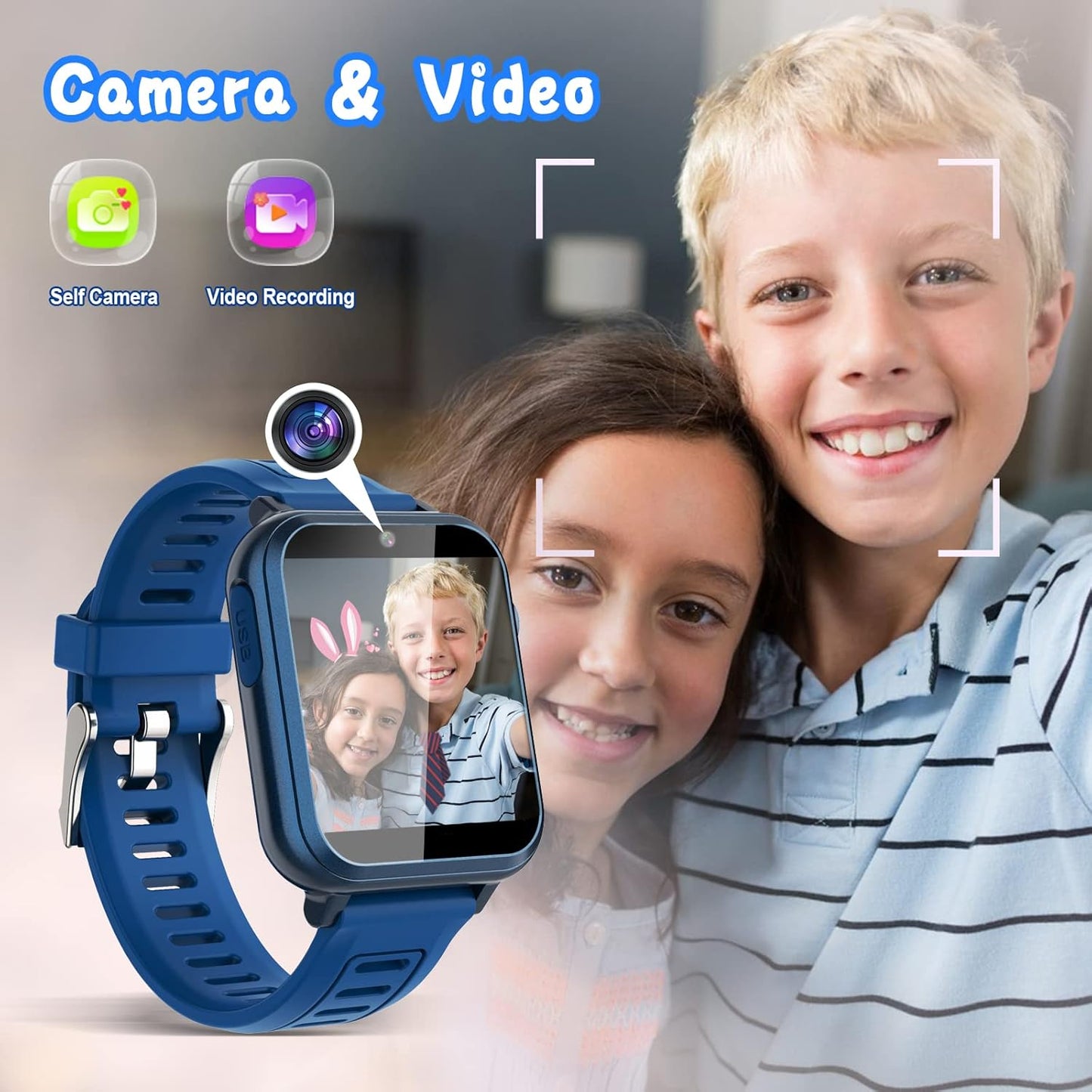 Smart Watch for Kids with 24 Puzzle Games HD Touch Screen Camera Video Music Player Pedometer Alarm Clock Flashlight 12/24 hr Watches Gift 4-12 Year Old Boys Girls Toys Blue