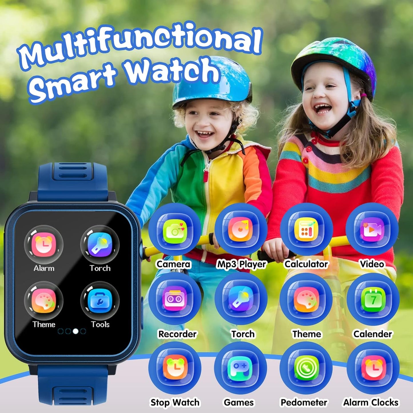 Smart Watch for Kids with 24 Puzzle Games HD Touch Screen Camera Video Music Player Pedometer Alarm Clock Flashlight 12/24 hr Watches Gift 4-12 Year Old Boys Girls Toys Blue