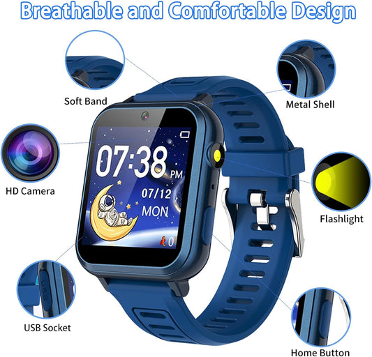 Smart Watch for Kids with 24 Puzzle Games HD Touch Screen Camera Video Music Player Pedometer Alarm Clock Flashlight 12/24 hr Watches Gift 4-12 Year Old Boys Girls Toys Blue