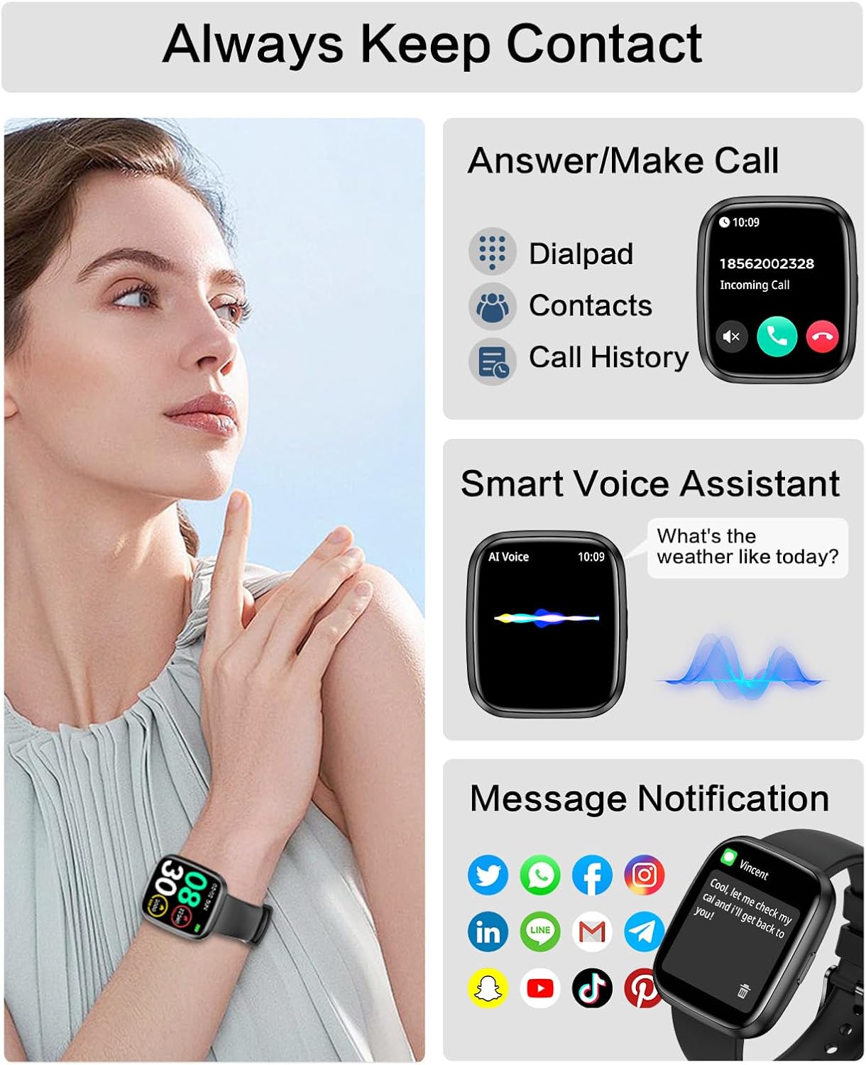 Smart Watches for Men/Women, 1.75" Bluetooth Call, AI Voice Smartwatch, 24/7 Heart Rate Monitor, Blood Pressure/SpO2/Sleep Tracker, IP68 Waterproof, 100+ Sports Fitness Tracker for Android iOS Black