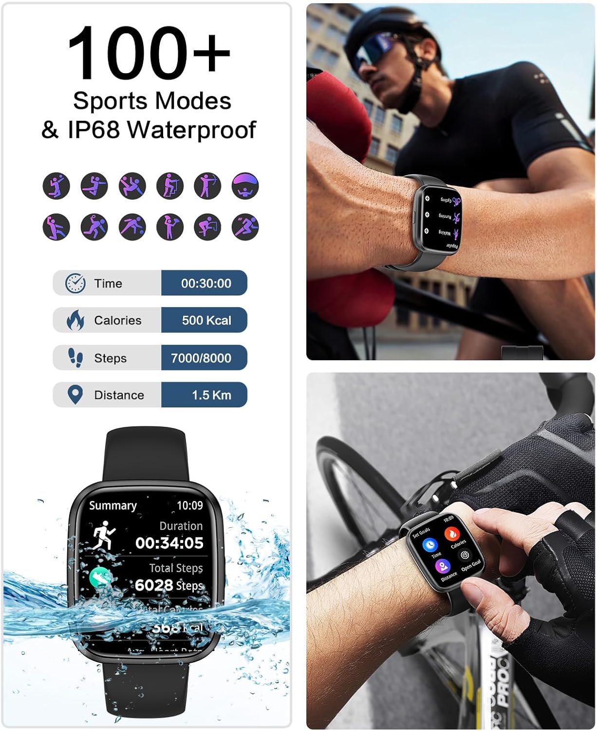 Smart Watches for Men/Women, 1.75" Bluetooth Call, AI Voice Smartwatch, 24/7 Heart Rate Monitor, Blood Pressure/SpO2/Sleep Tracker, IP68 Waterproof, 100+ Sports Fitness Tracker for Android iOS Black