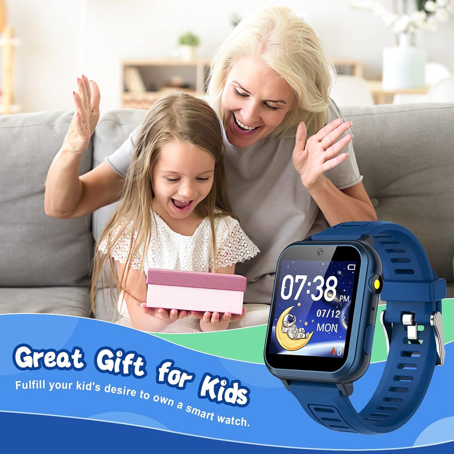 Smart Watch for Kids with 24 Puzzle Games HD Touch Screen Camera Video Music Player Pedometer Alarm Clock Flashlight 12/24 hr Watches Gift 4-12 Year Old Boys Girls Toys Blue